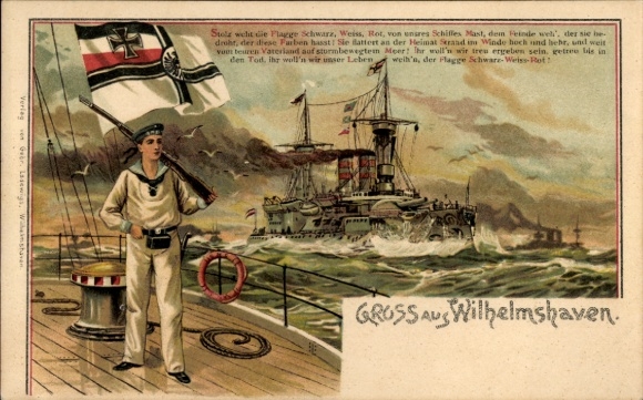 Embossed Chromo-Litho German warship, Imperial Navy, proudly flying the flag black white red