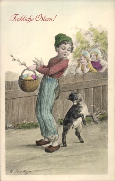 Künstler Ak Kratky, R., Glückwunsch Ostern, Kinder, Lamm, Ostereier