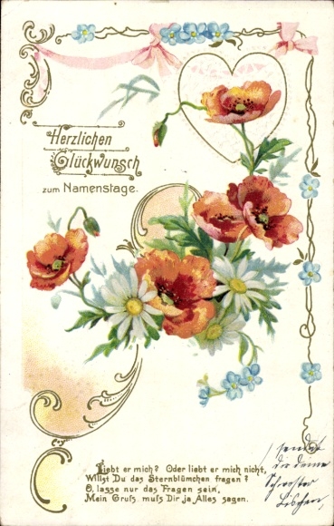 Embossed Chromo-Litho Congratulations Name Day, Poppy, Daisies, Forget-me-not