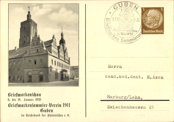 Postwaardekaart Guben in Neder-Lausitz, postzegelshow 1938, stadhuis
