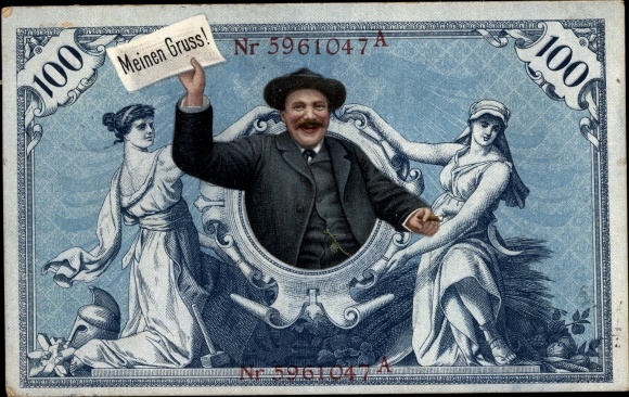 Litho Meinen Gruß, Geldschein, Mann im Anzug