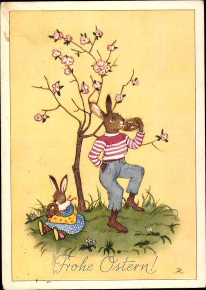 Künstler Ak Glückwunsch Ostern, Vermenschlichte Osterhasen