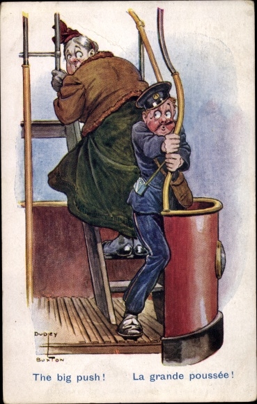 Artist PC Burton, Dudley, The big push, obese woman on tram steps, conductor