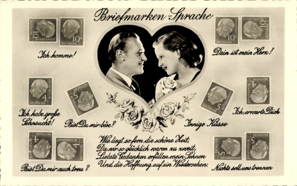 Ak Briefmarkensprache, Liebespaar, Dein ist mein Herz, Ich erwarte Dich