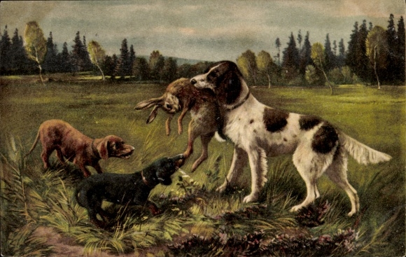 Artist Postcard hunting motif, hunting dog with killed hare, dachshund