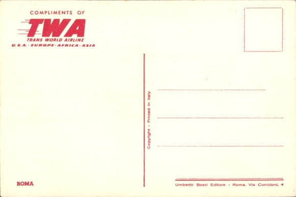 Artist Postcard American Passenger Airplane, TWA, Rome