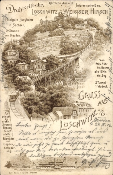 Chromo-Litho Dresden Northeast Loschwitz, Weißer Hirsch, cable car, guest house