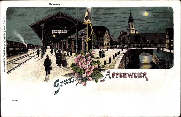 Mondschein Litho Appenweier Ortenaukreis, Bahnhof, Gleisseite, Kirche, Fluss mit Brücke