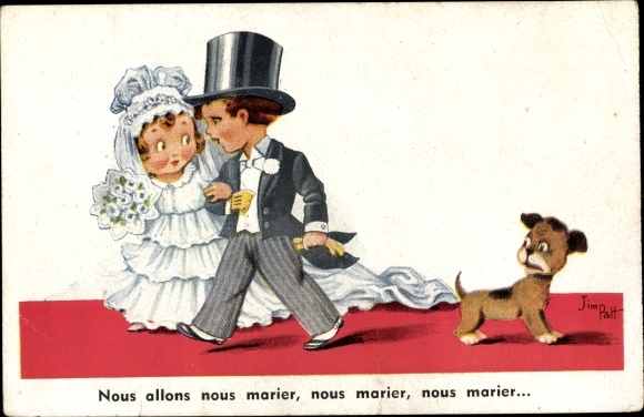 Artist PC Patt, J., bridal couple, bride, groom, wedding ceremony, dog