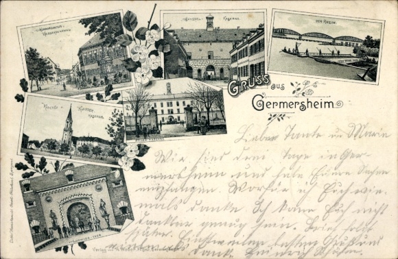 Chromo-Litho Germersheim am Rhein, Commandant's Office, War Memorial, Seyssel, Monastery and Zoller Barracks, Church