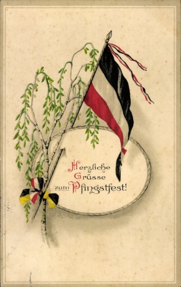 PC congratulations Pentecost, black-white-red flag, birch branch, I. WW