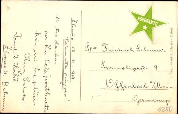 Postcard Zlonice Central Bohemia, Church, Esperanto