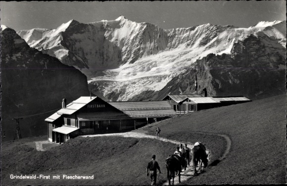 Postcard Grindelwald Kanton Bern, Schreckhörner and Fischerwand, First mountain restaurant