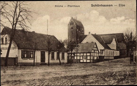 PC Schönhausen an der Elbe, partial view with church and vicarage