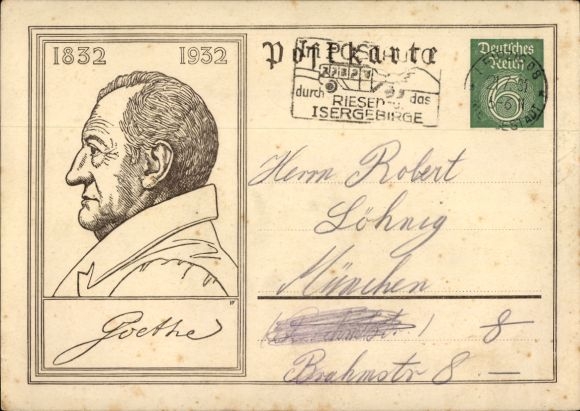 Postwaardestukken-ansichtkaartenschrijver Johann Wolfgang von Goethe, 1932, 100-jarig jubileum