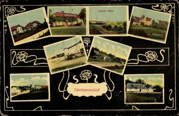 Postcard Dürrhennersdorf in Upper Lusatia, Jähne factory, train station, partial views