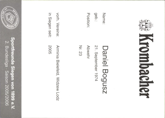 Autograph card footballer Daniel Bogusz, Sportfreunde Siegen, autograph