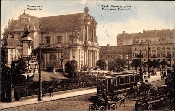 Postcard Warszawa Warsaw Poland, Krakow suburb, tram, Krakowskie Przedmiescie