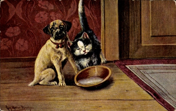 Artist Postcard Müller, August, Cat snuggles up to a dog at the food bowl