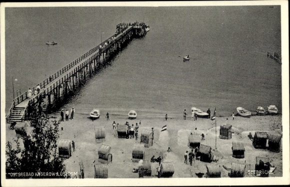 Ak Ostseebad Koserow auf Usedom, Seebrücke, Strand, Boote, Badegäste,  