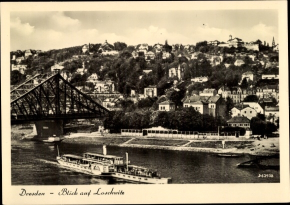Postcard Dresden Wachwitz, view of Loschwitz, ship, bridge, mountain landscape