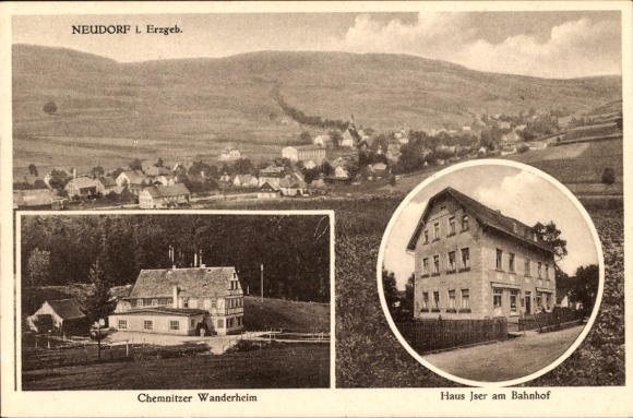 Ak Neudorf Sehmatal im Erzgebirge, Panorama, Chemnitzer Wanderheim, Haus Iser am Bahnhof