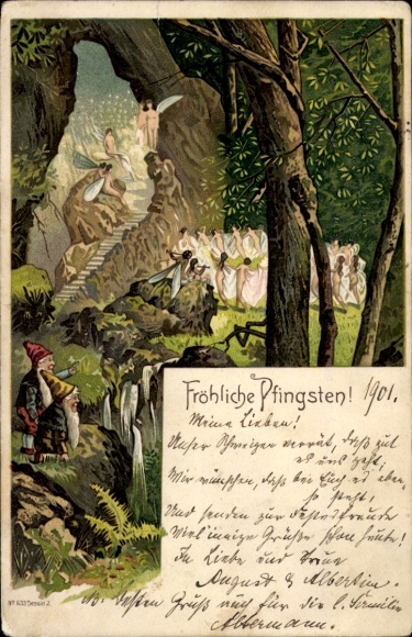 Chromo-Litho congratulations Pentecost, dwarves, fairies, festival