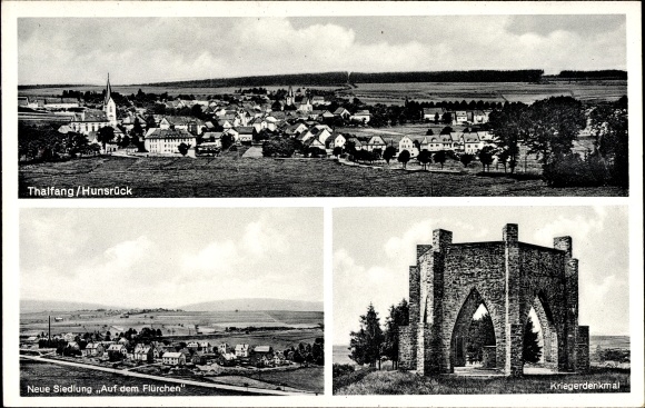 Postcard Thalfang im Hunsrück, settlement Auf dem Flürchen, war memorial, panorama