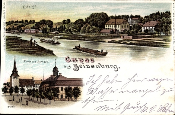 Chromo-Litho Boizenburg on the Elbe, town view, Elbberge, church, town hall