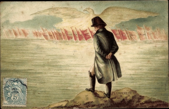 Artist PC Fourquier, Napoleon Bonaparte, eagle, flags with battles, Austerlitz, Wagram, Waterloo