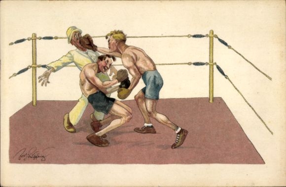 Artist Postcard Boxing match, boxer beats the referee, humor