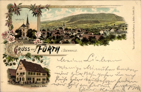 Chromo-Litho Fürth im Odenwald, Gasthaus zum Adler, Catholic church, general view