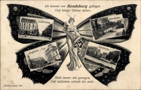 Butterfly KP Rendsburg w Szlezwiku Holsztynie, Jungfernstieg, Kieler Straße, ratusz, poczta