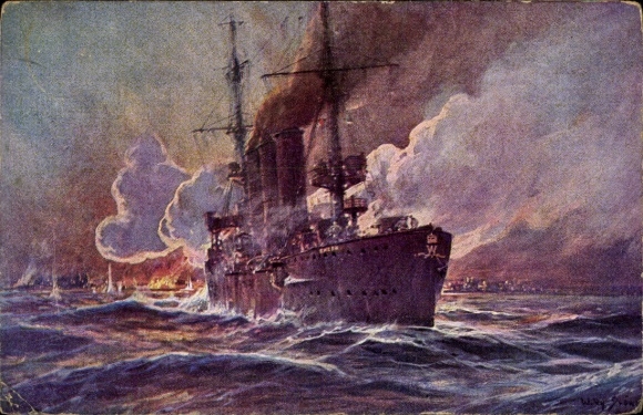 Artist Postcard Stöwer, Willy, SMS Emden bombards Madras, cruiser, Imperial Navy, I. WK