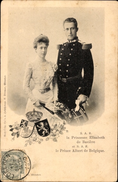 Coat of arms Postcard Duchess Elisabeth in Bavaria, Prince Albert of Belgium, marriage 2 October 1900
