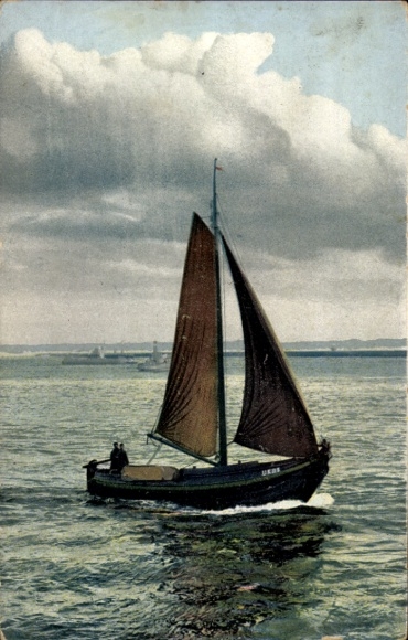 Ak Bruchmühlen Melle in Niedersachsen, Segelschiff auf See, zwei Personen an Bord.