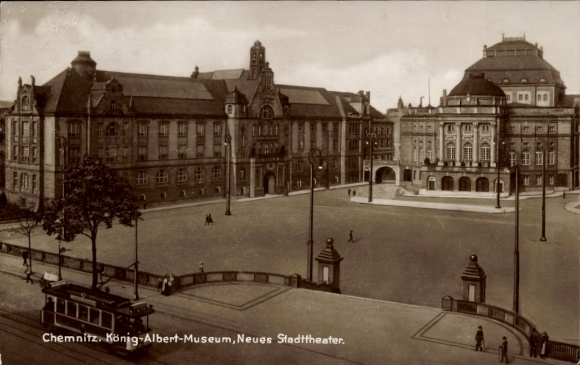 Postcard Chemnitz Saxony, King Albert Museum, New City Theatre, Tram