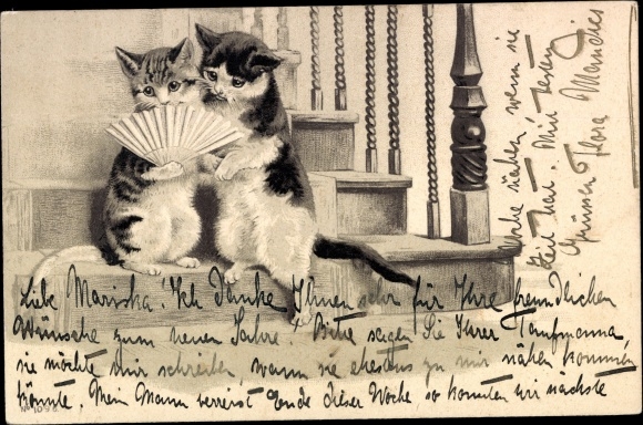 Chromo-Litho Humanized cats, stairs, fan