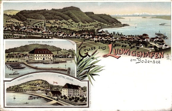 litho Ludwigshafen am Bodensee, algemeen beeld, Hotel Adler, haven, douanekantoor