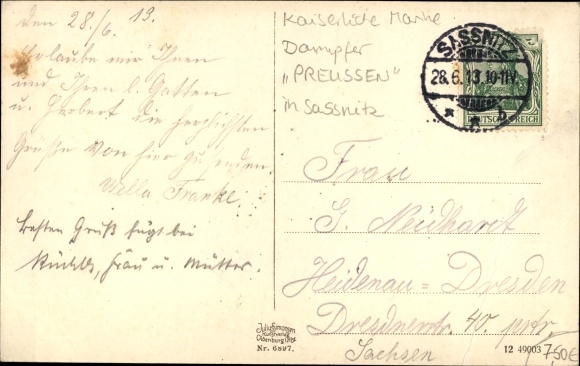 Postcard Sassnitz on the island of Rügen, steamer Prussia, tug