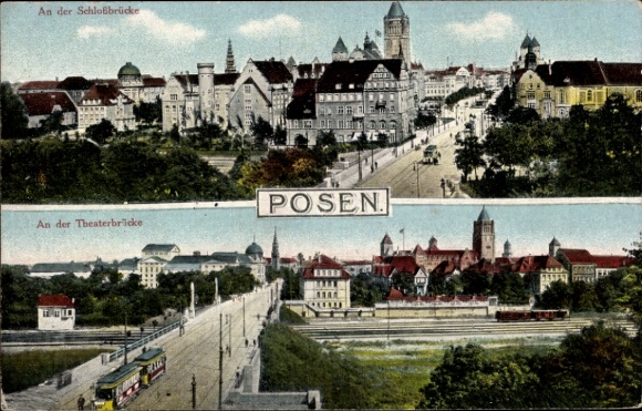 Postcard Poznań, At the Castle Bridge, At the Theatre Bridge, Tram