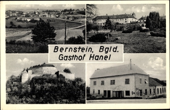 Postcard Bernstein Burgenland Austria, Gasthof Hanel, Panorama, Burg