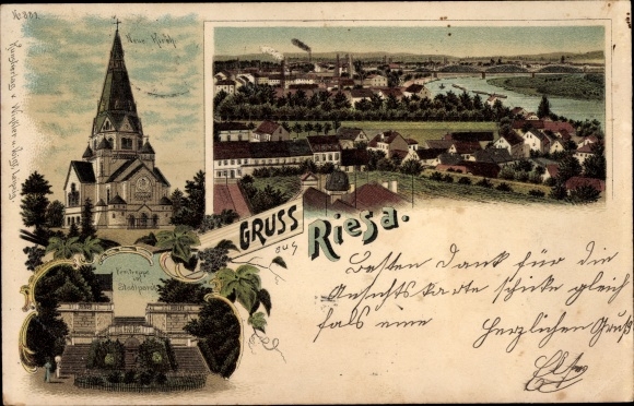 Litho Riesa an der Elbe Sachsen, Kirche, Stadtpark, Panorama