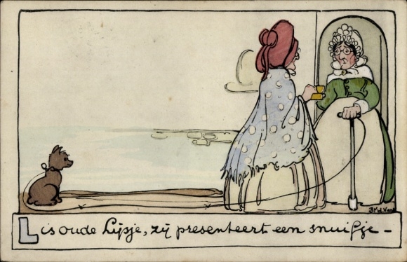 Künstler Ak Gespräch zweier Frauen, Brauner Hund