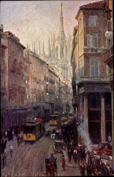 Artist PC Piatti, Antonio, Milan Milan Lombardy, street scene in winter, trams