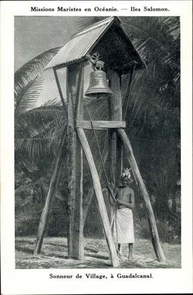 Postcard Solomon Islands, Guadalcanar, Sonneur de Village, Hunchback, Mission Bell