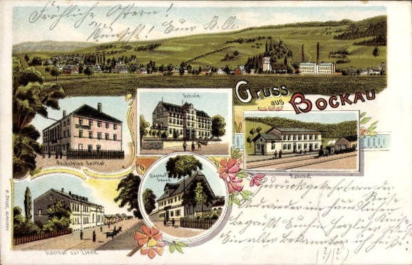 Chromo-Litho Bockau in the Ore Mountains, Pechstein's Inn, Gasthof zur Linde, school, train station, panorama