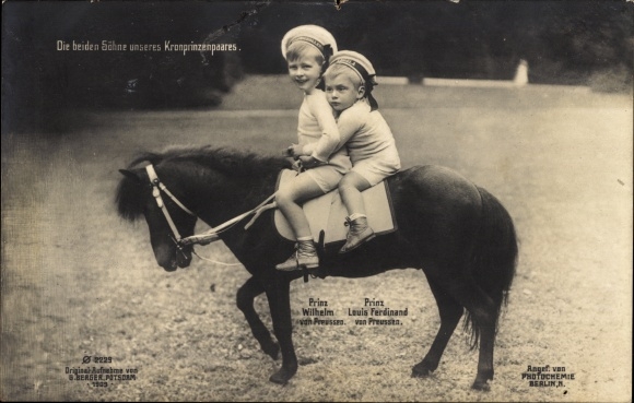 Postcard The two sons of the Crown Prince couple, Prince Wilhelm and Prince Louis Ferdinand on a pony