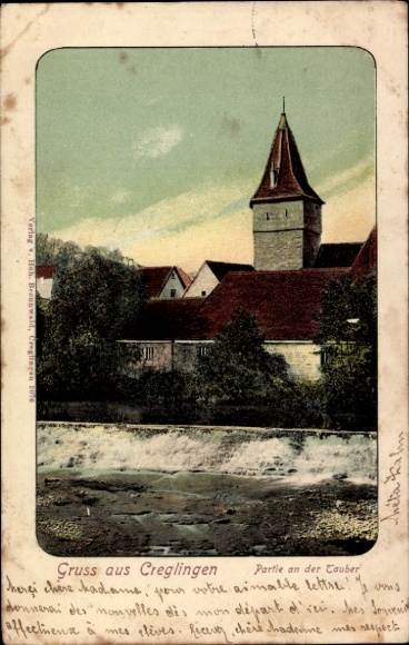 Postcard Creglingen an der Tauber, partial view, Tauberwehr, tower