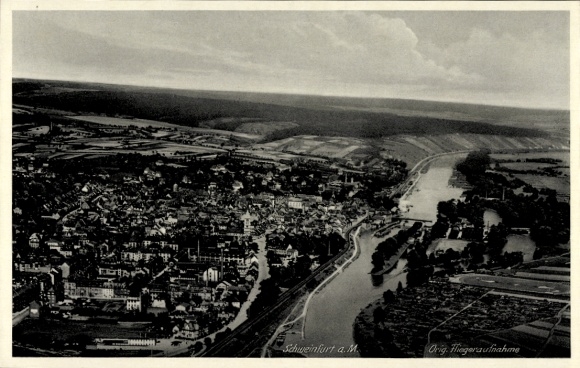 Postcard Schweinfurt in Lower Franconia Bavaria, Schlachtschüssel, aerial view of river and city view